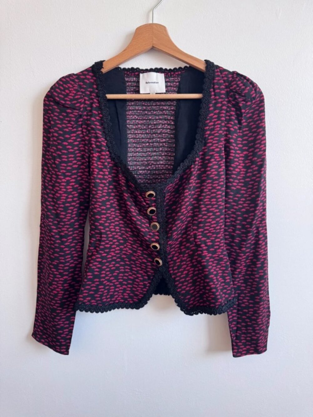 Reformation Textured Button Front Blouse Black/Pink Women's US 2